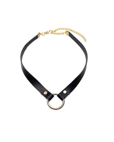 Posh Pet Gold Ring Slim Beginner Bondage Choker featuring a sleek black strap with a gold O-ring for secure leash attachment, ideal for stylish pet owners.
